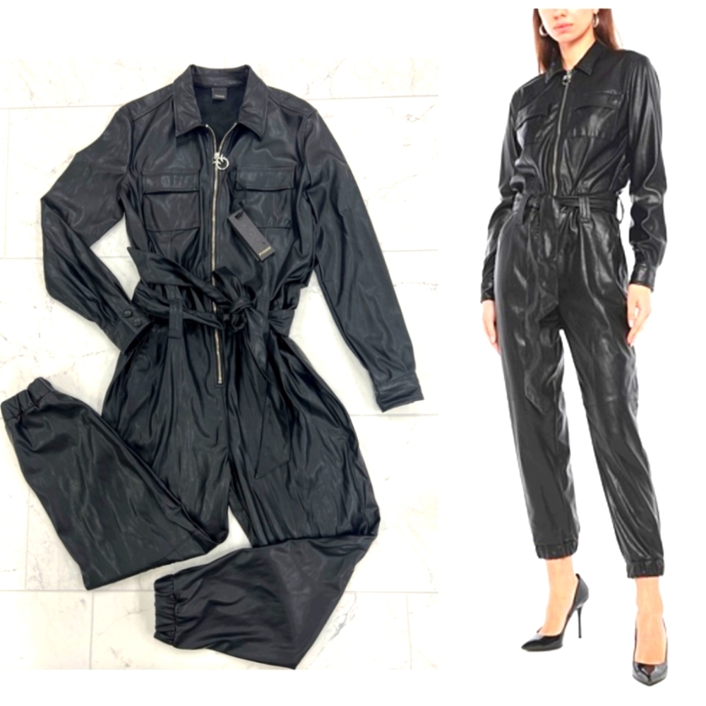 Pinko Sleek Black Faux Leather Jumpsuit